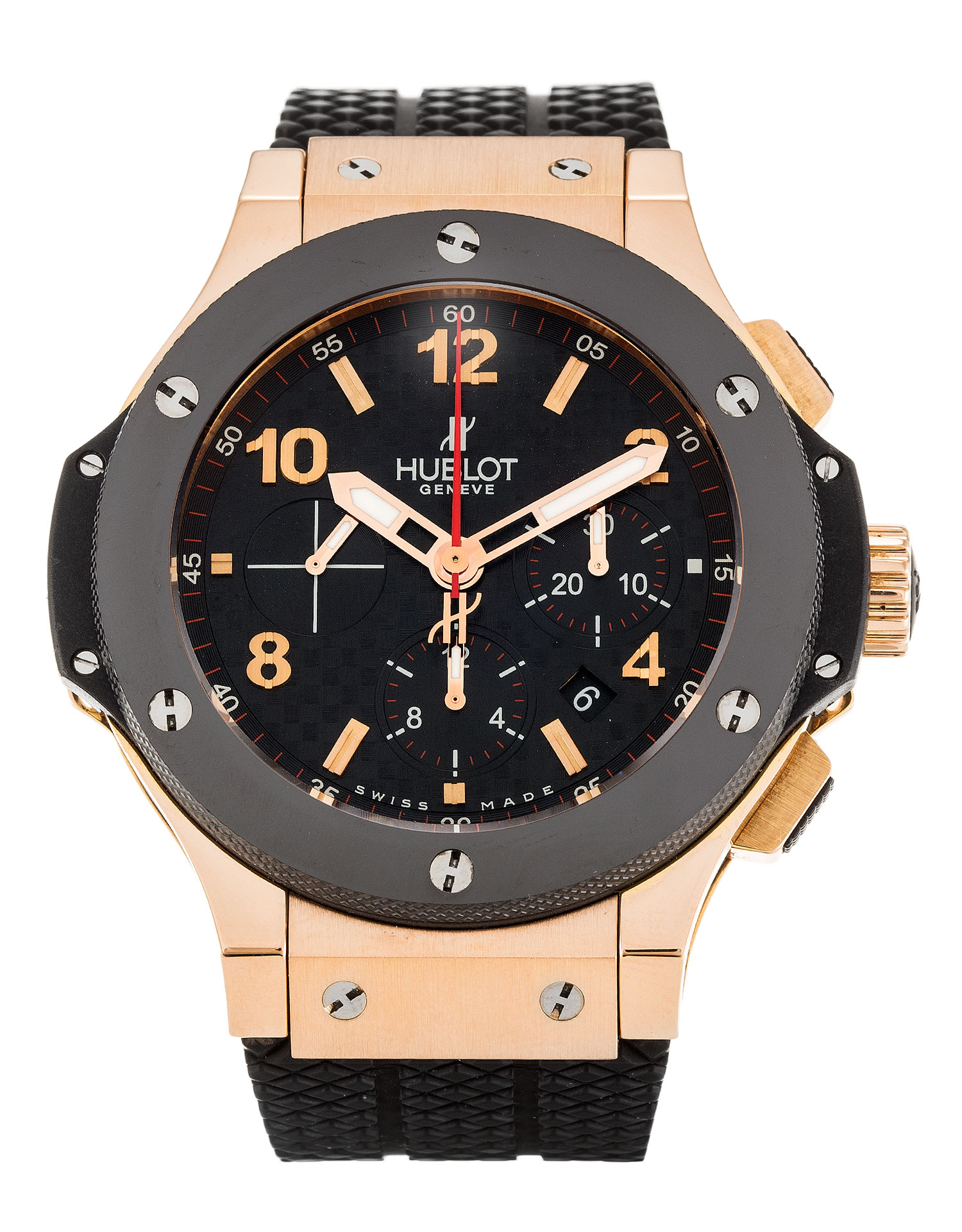 Hublot 44mm 301.PB.131.RX Mens Quartz Watch, Red Gold Case, Rubber Bracelet, Black Dial
