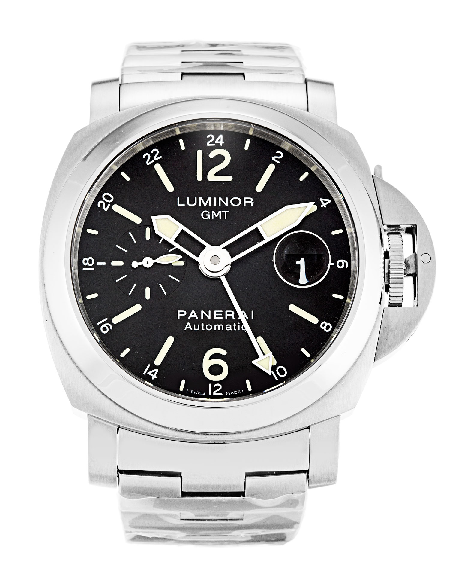 Panerai Luminor GMT PAM00297 Replica Watch, Automatic Movement, 44mm Steel Case, Black Baton Dial