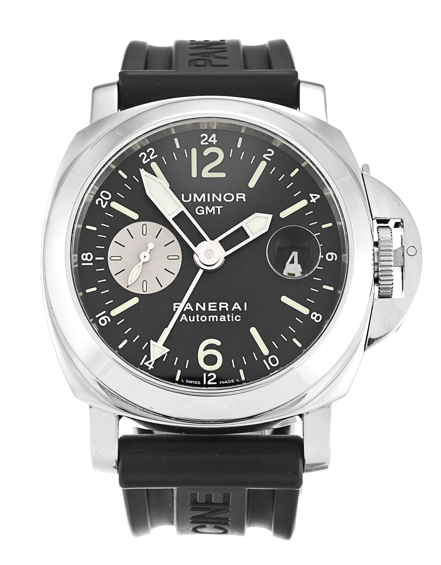 Panerai Luminor GMT PAM00088 Mens Watch Automatic Movement Silver Dial Steel Case Rubber Strap