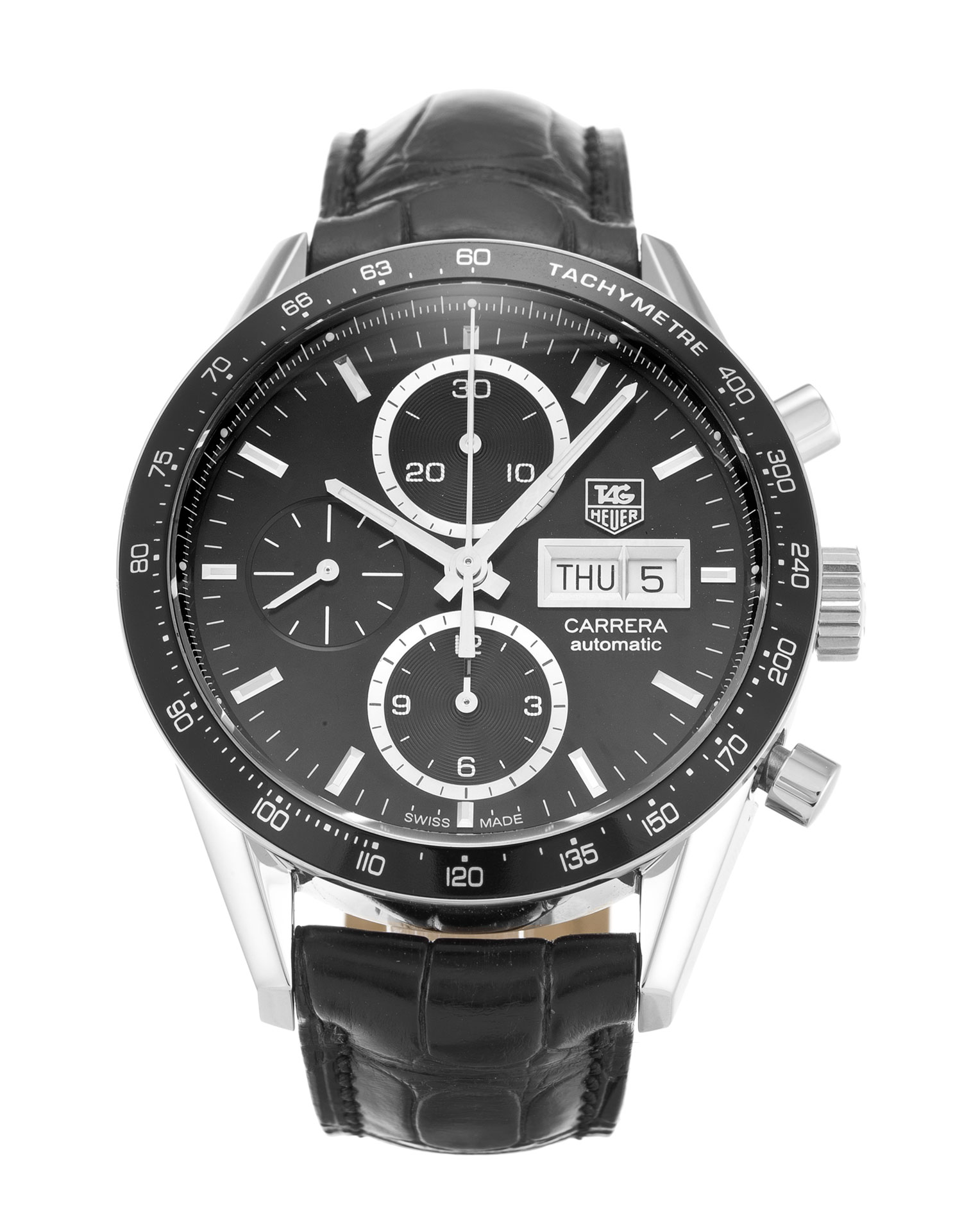 Tag Heuer Carrera CV201AG.FC6266 Mens Quartz Watch, 41mm Steel Case, Black Baton Dial, Alligator