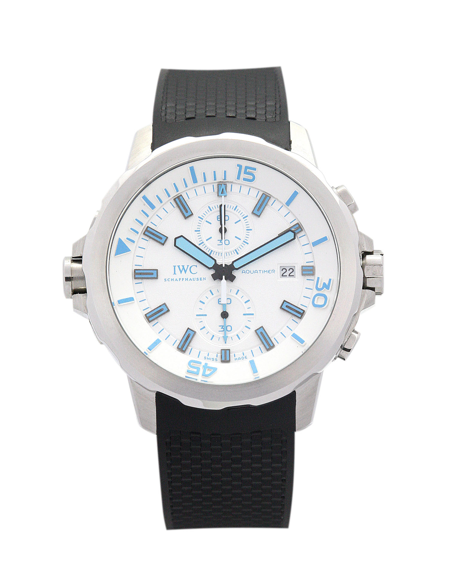 IWC Aquatimer IW329003 Automatic Mens Watch 42mm Steel Case White Blue Dial Waterproof Black Rubber