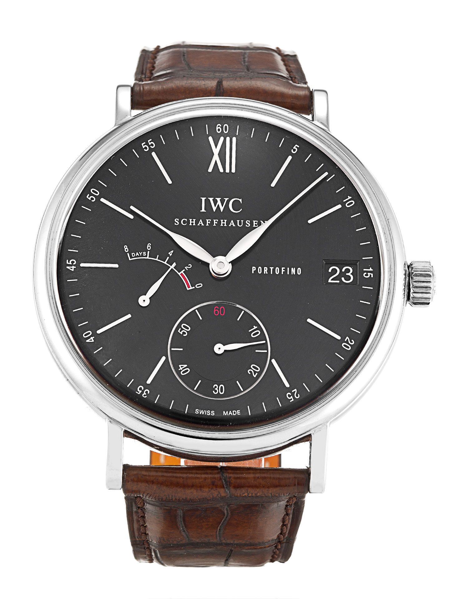 IWC PORTOFINO IW510102 Manual Watch, 46mm Steel Case, Black Baton Dial, Crocodile Brown Bracelet
