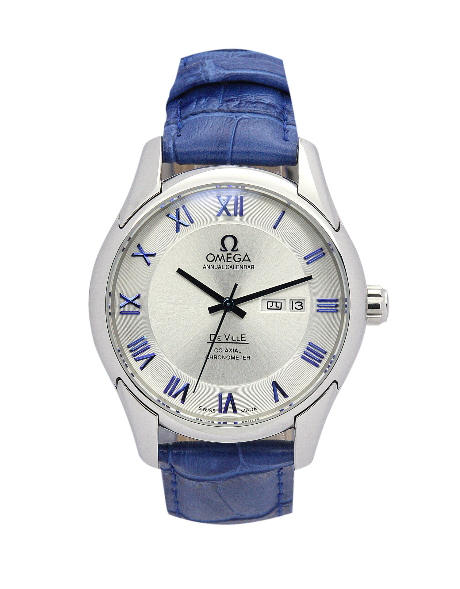 Omega De Ville Hour Vision Automatic Co-Axial 41MM Steel Blue Leather White Dial Water Resistant