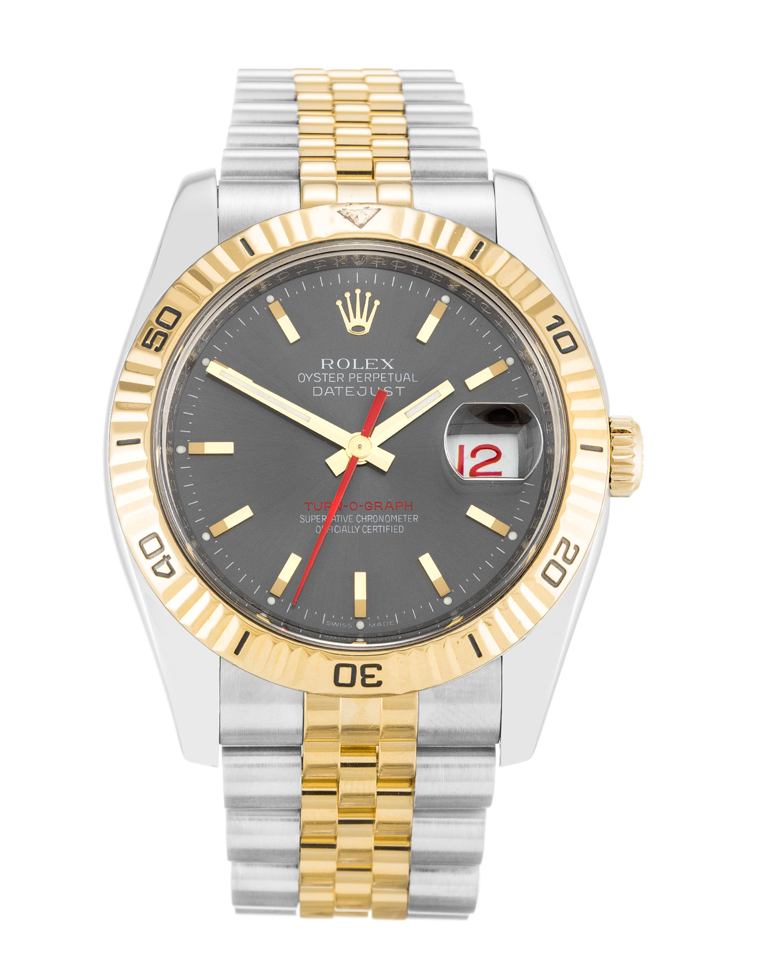 Rolex TURN-O-GRAPH 116263 Automatic Mens Watch, 36mm Steel & Yellow Gold Case, Grey Baton Dial