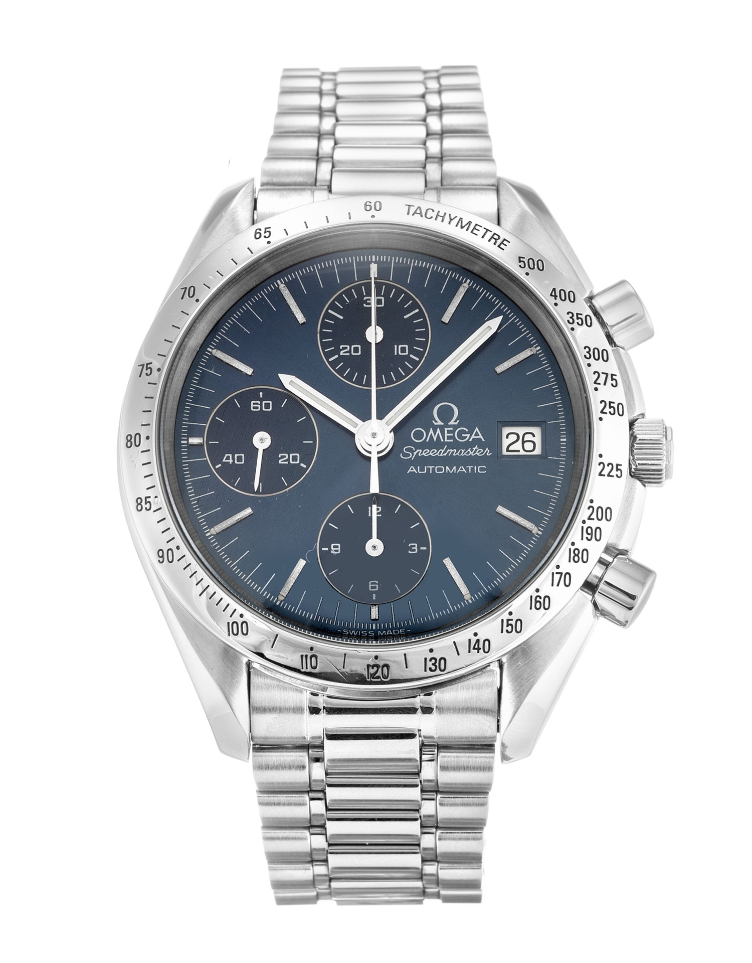 Omega Speedmaster Date 3811.80.03 Mens Quartz Watch, 38mm Steel Case, Blue Baton Dial