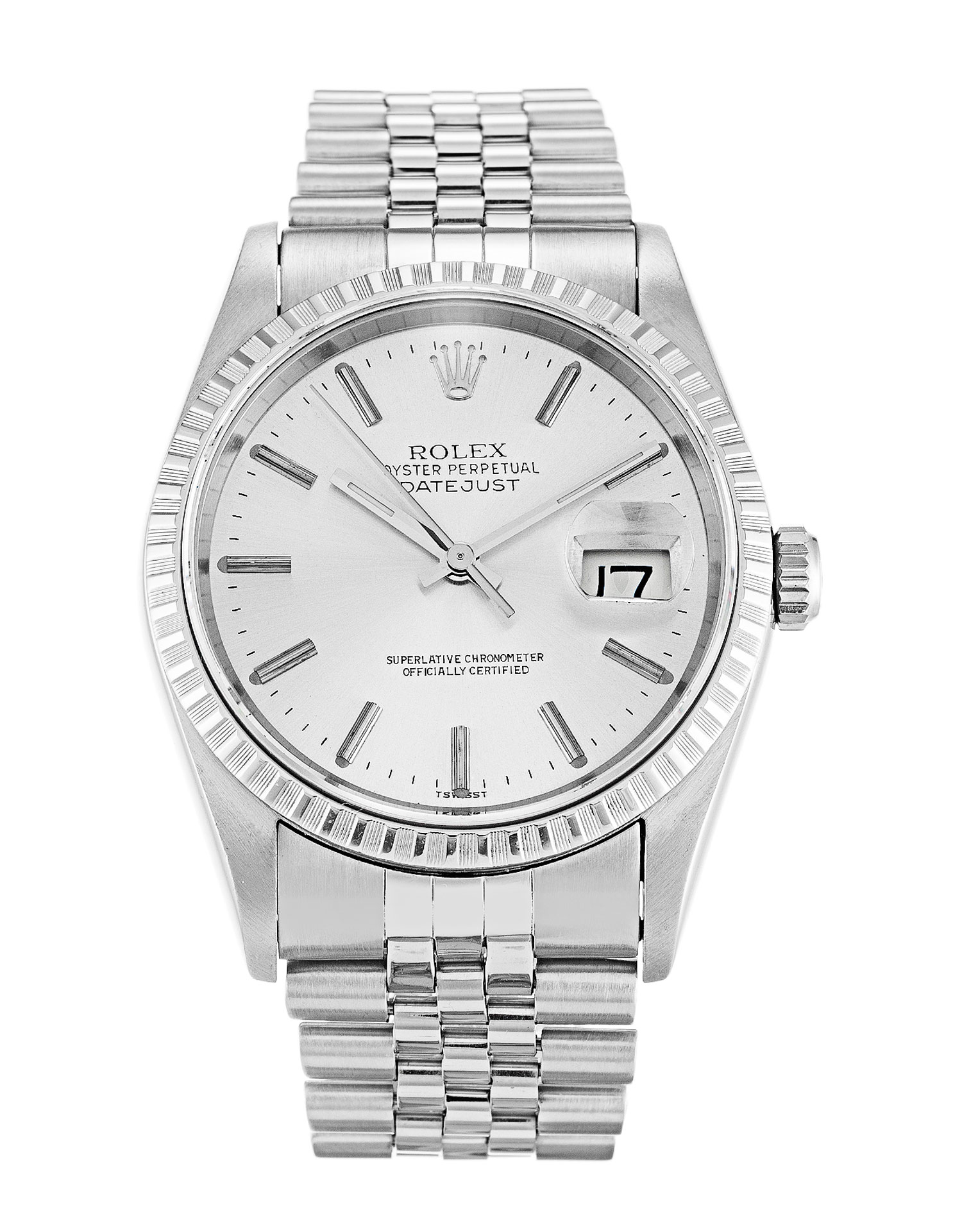 Rolex Datejust 16220 Mens Automatic Steel Case Silver Baton Dial Replica Watch