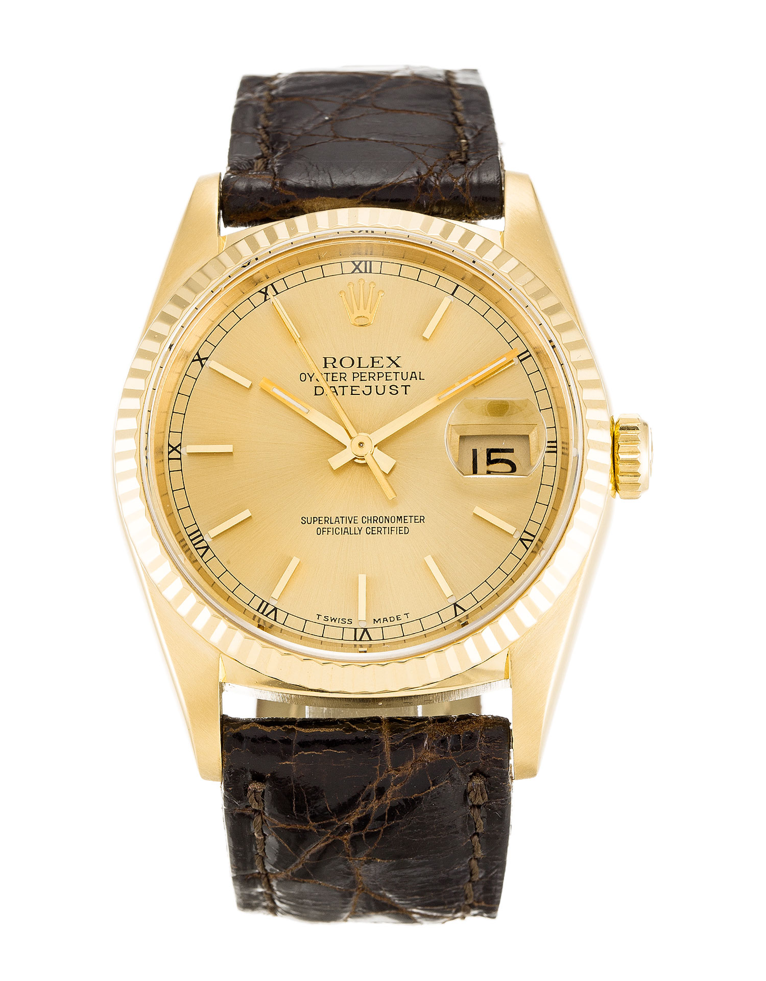 Rolex Datejust 16238 Mens Automatic Watch, 36mm Yellow Gold Case, Champagne Baton Dial