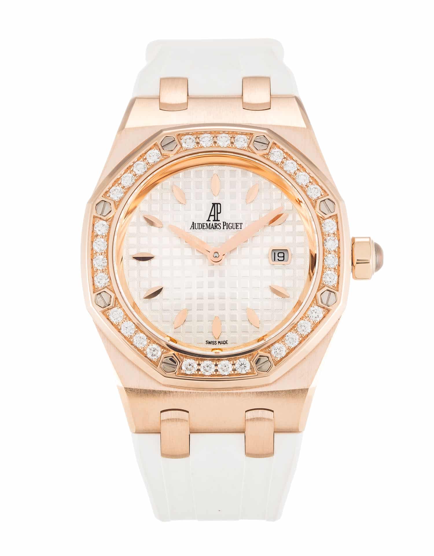 Audemars Piguet Royal Oak Replica Watch, Quartz Movement, 33mm Rose Gold Diamond Case, Silver Baton