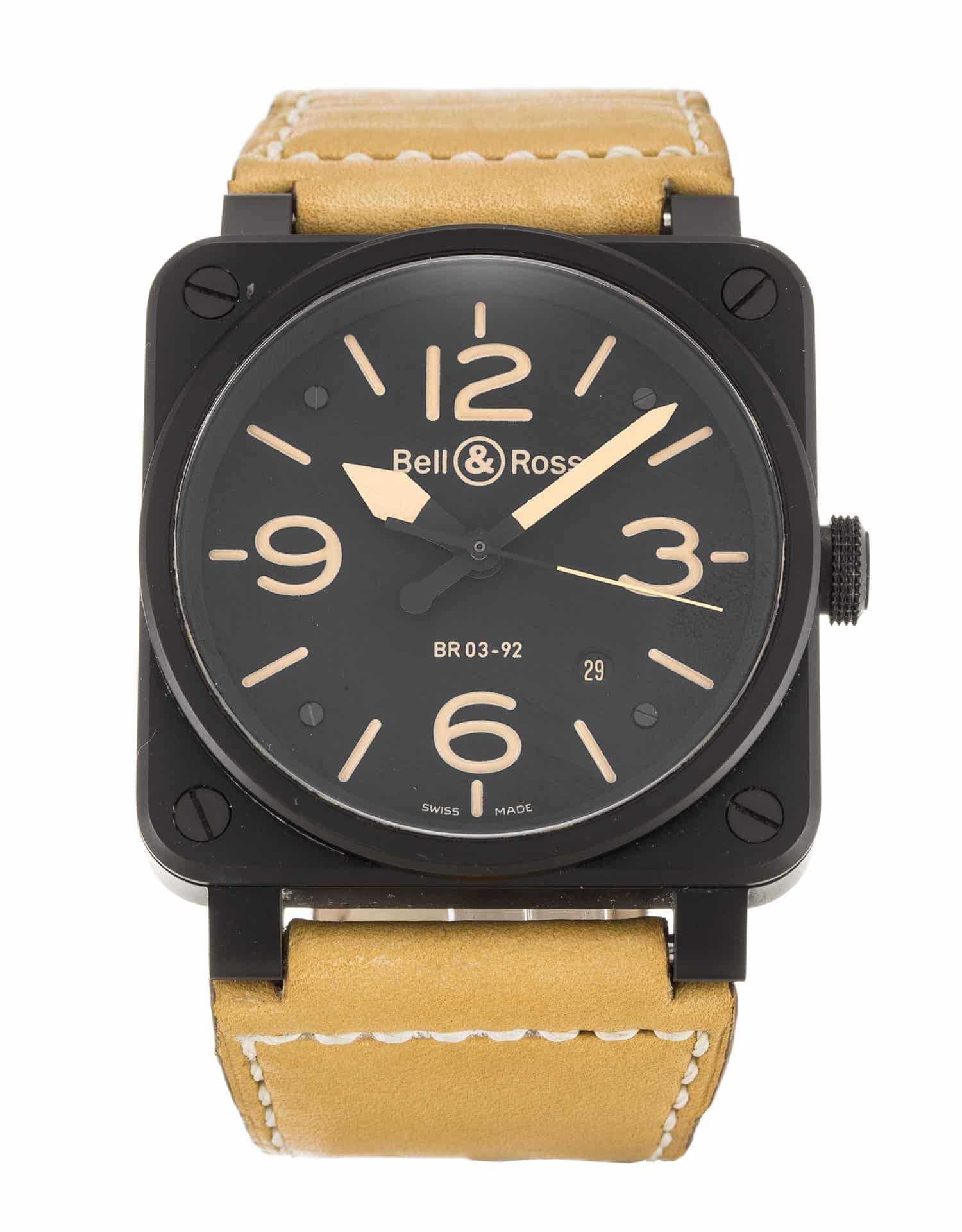 - BR03-92-S - Bell Ross Automatic Mens Watch - 42mm Steel Black PVD Case - Leather Tan