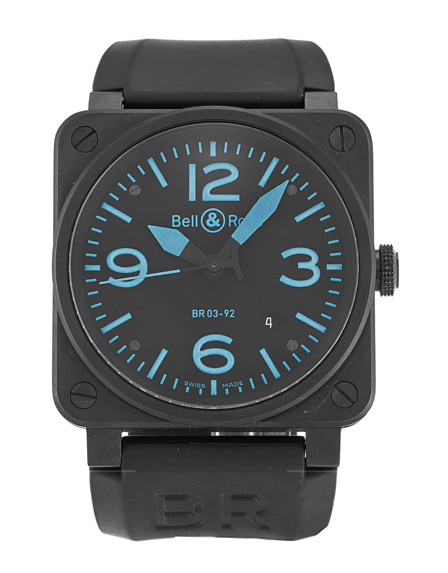 Bell Ross BR03-92 Carbon Replica Watch, Automatic, 42MM Carbon Steel Case, Blue Rubber Bracelet