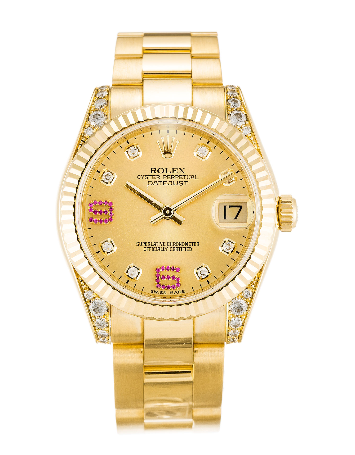 Rolex Datejust Mid-Size Replica Watch 178238 Automatic, Yellow Gold Diamond Set Champagne & Ruby