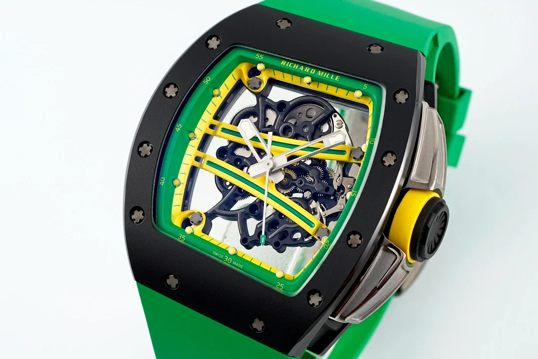 RM61-01 APSF Black Ceramic/RU Skeleton Dial on Green Rubber Strap