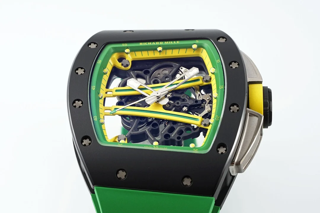 RM61-01 APSF Black Ceramic/RU Skeleton Dial on Green Rubber Strap