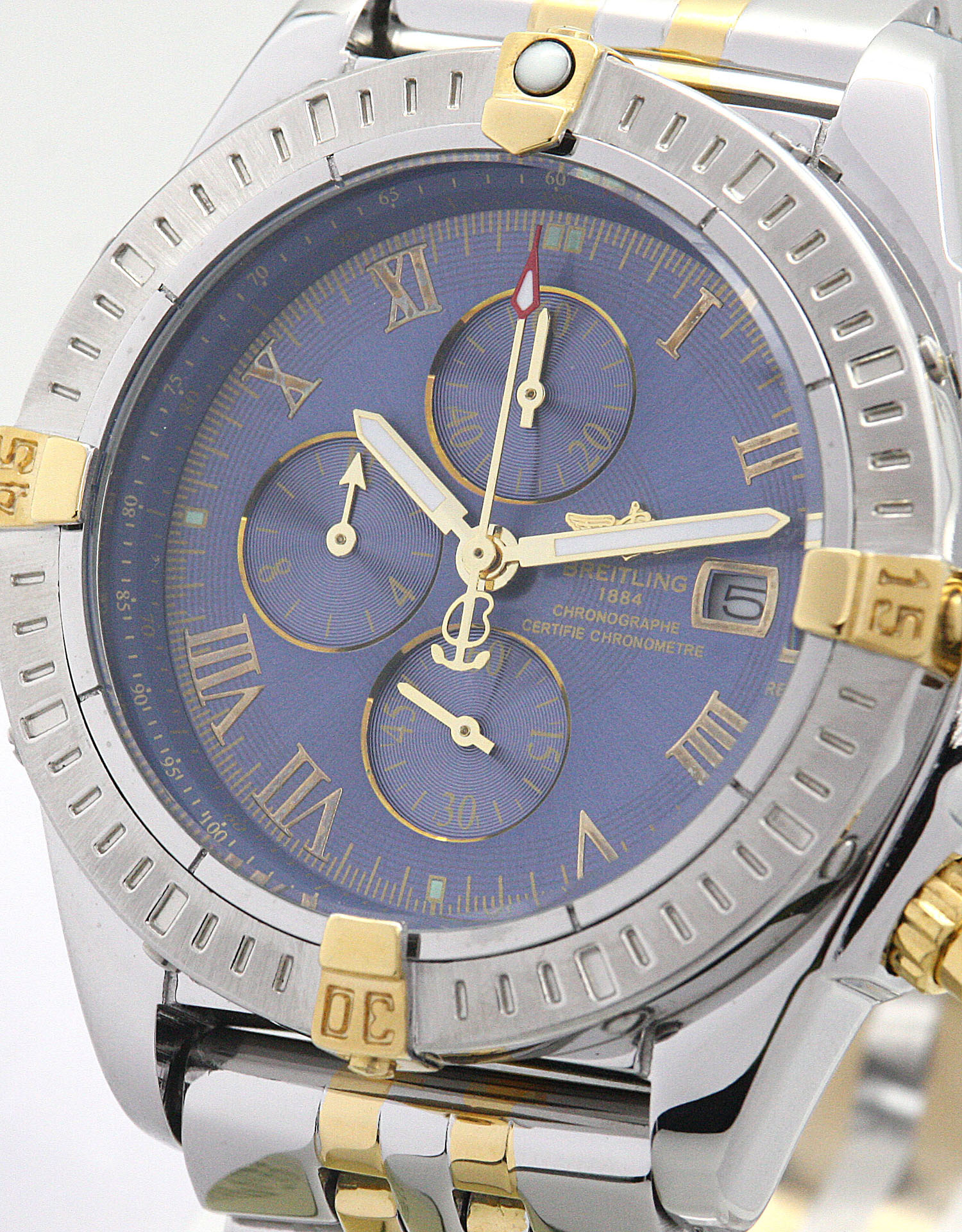 Breitling Chronomat Evolution B13356 Mens Quartz Watch, 43.7mm Steel & Yellow Gold Case, Blue Baton