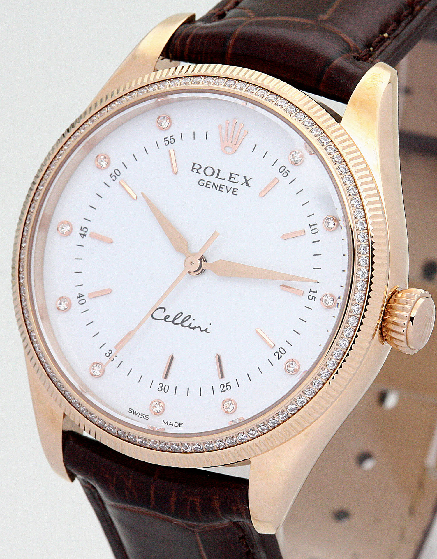 Rolex Cellini 5310 Replica, Ladies, Quartz, 25MM Rose Gold Diamond Set, White Dial, Crocodile Brown
