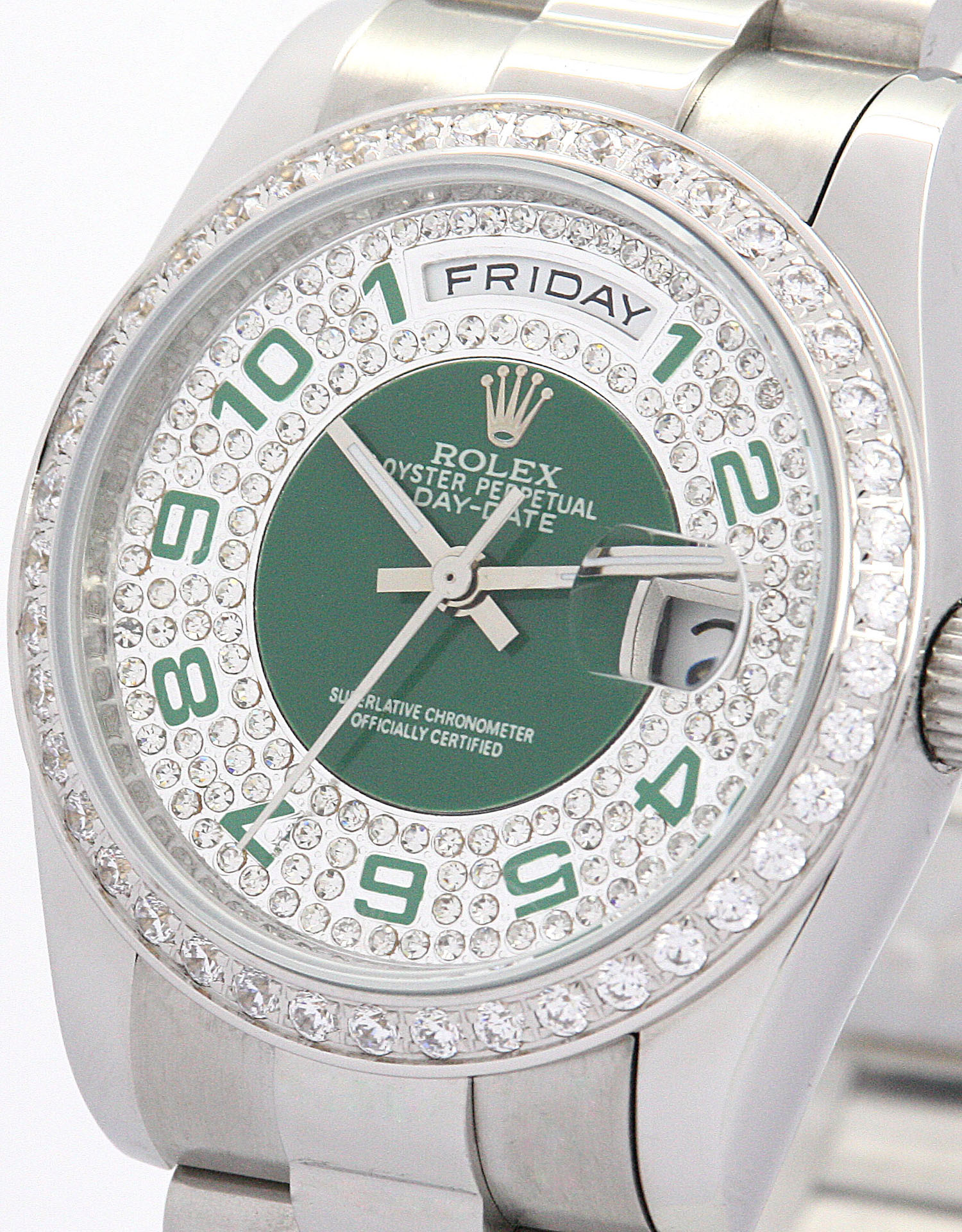 Rolex Day-Date 118346 Replica Watch, Automatic, 36mm Steel Case, Green & Silver Dial with Diamonds