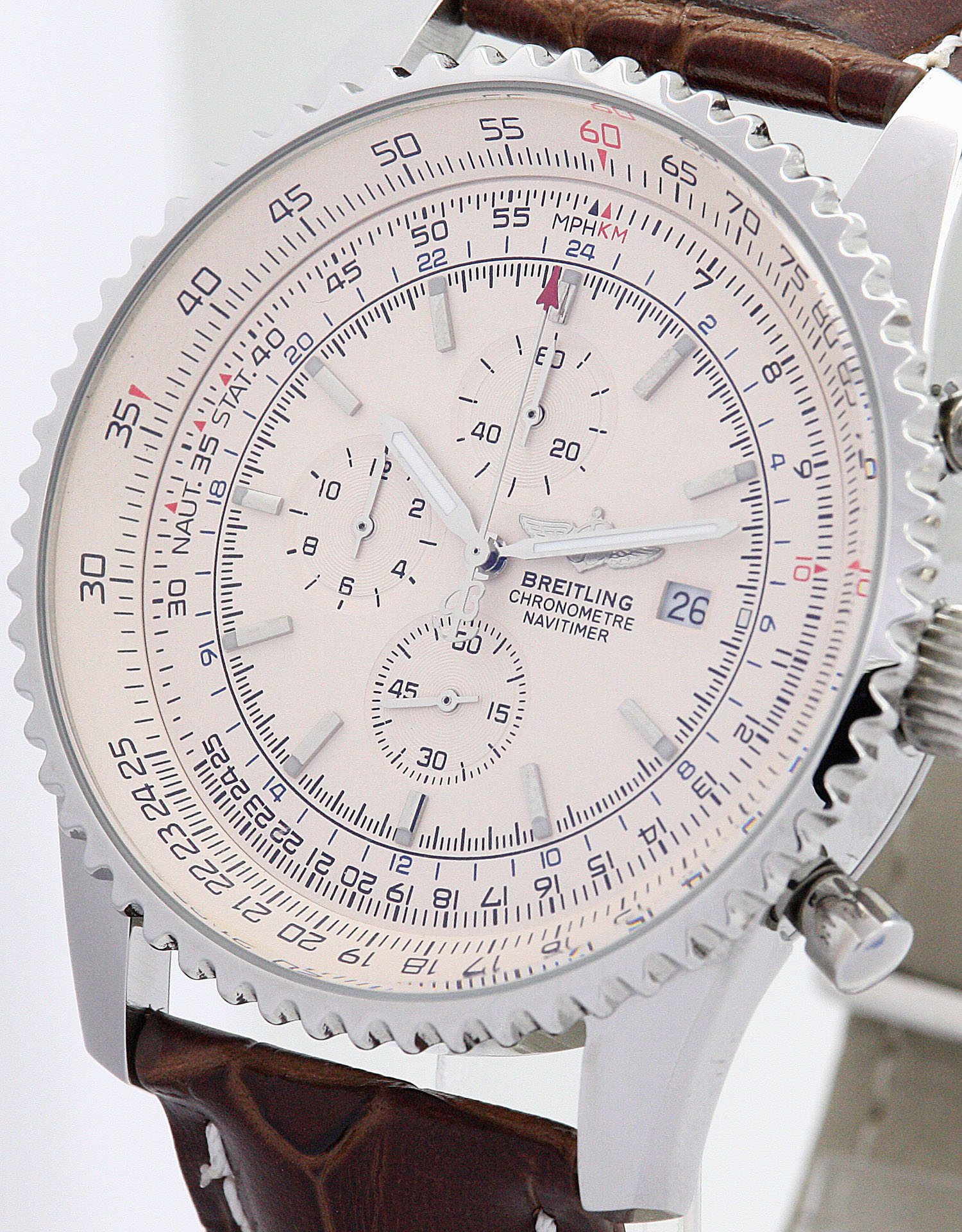 Breitling Navitimer World A24322 Mens Watch, Quartz Movement, 46mm Steel Case, White Dial, Brown