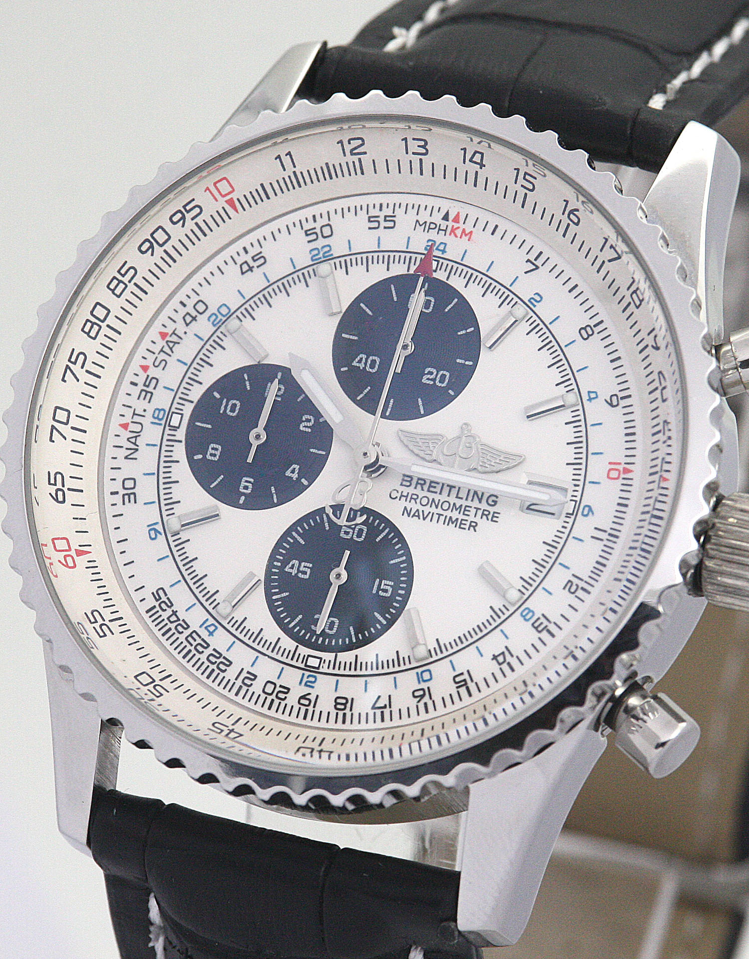Breitling Navitimer A23322 Mens Quartz Watch, 41.8mm Steel Case, White Dial, Black Leather Band