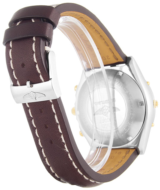 Breitling Chronomat B13047 Mens Quartz Watch 38mm Steel & Yellow Gold Baton Dial Brown Leather