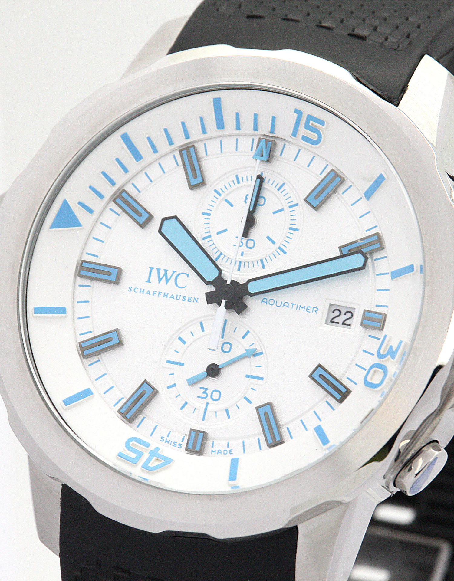 IWC Aquatimer IW329003 Automatic Mens Watch 42mm Steel Case White Blue Dial Waterproof Black Rubber