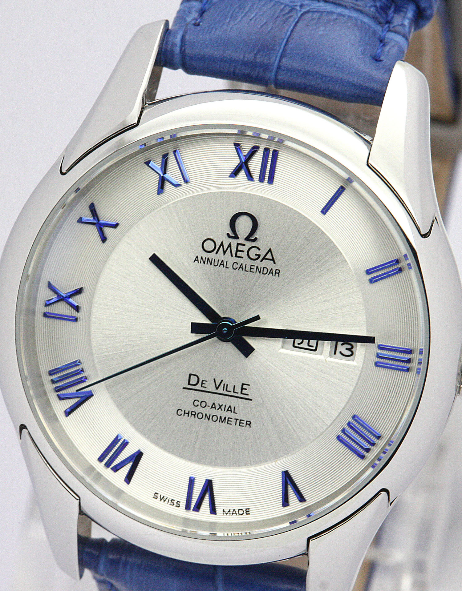Omega De Ville Hour Vision Automatic Co-Axial 41MM Steel Blue Leather White Dial Water Resistant