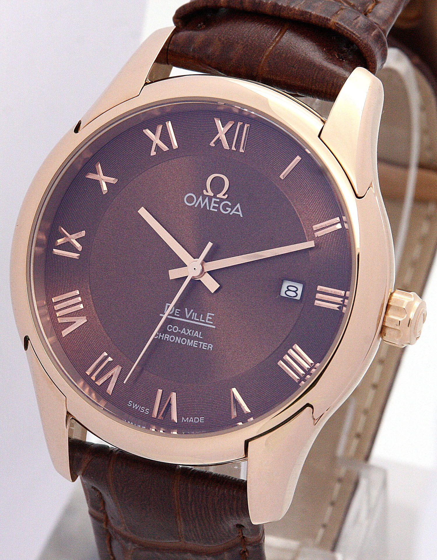 Omega De Ville Hour Vision Mens Automatic Co-Axial 41MM Rose Gold Steel Case Brown Baton Bracelet