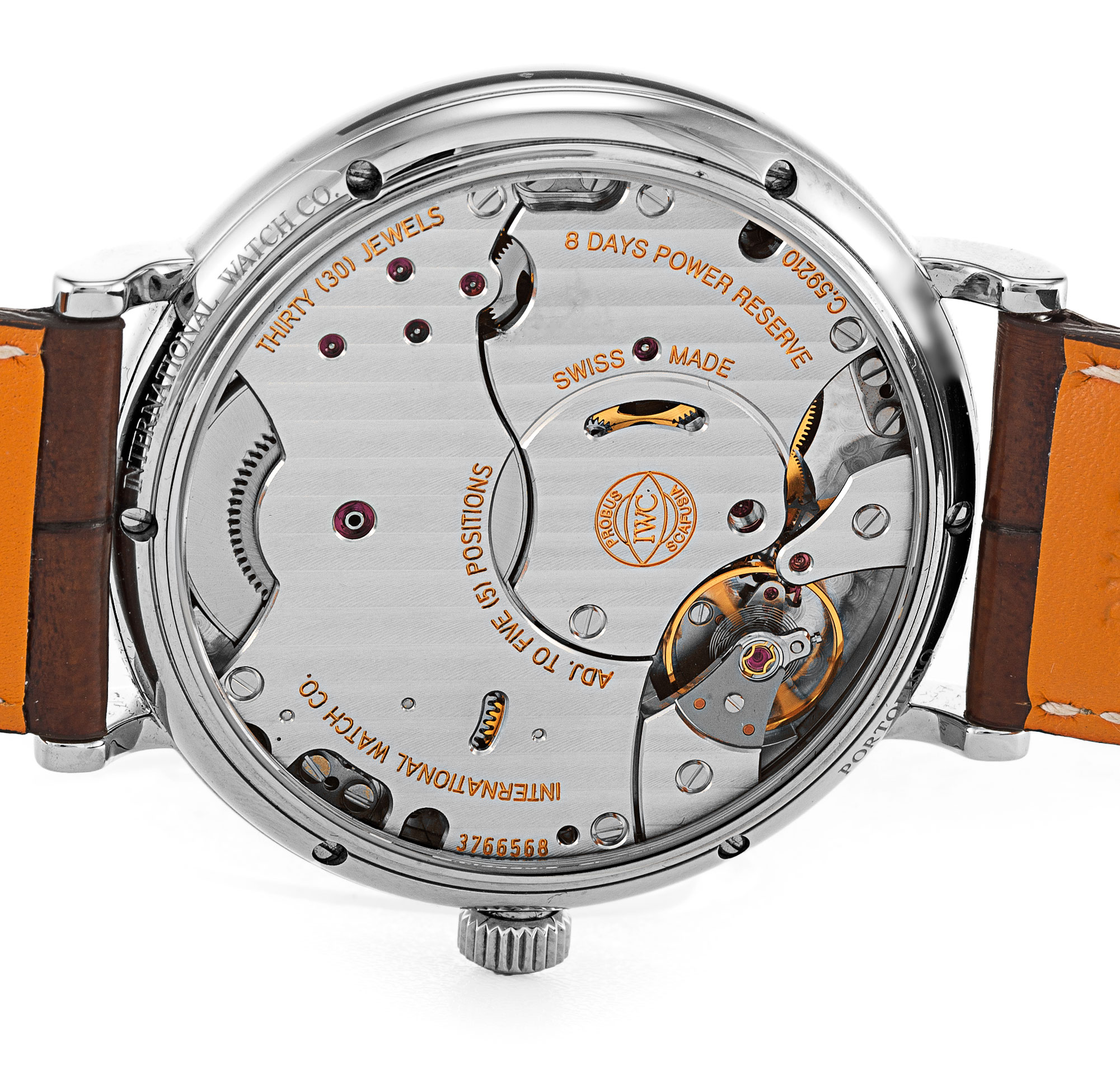 IWC PORTOFINO IW510102 Manual Watch, 46mm Steel Case, Black Baton Dial, Crocodile Brown Bracelet