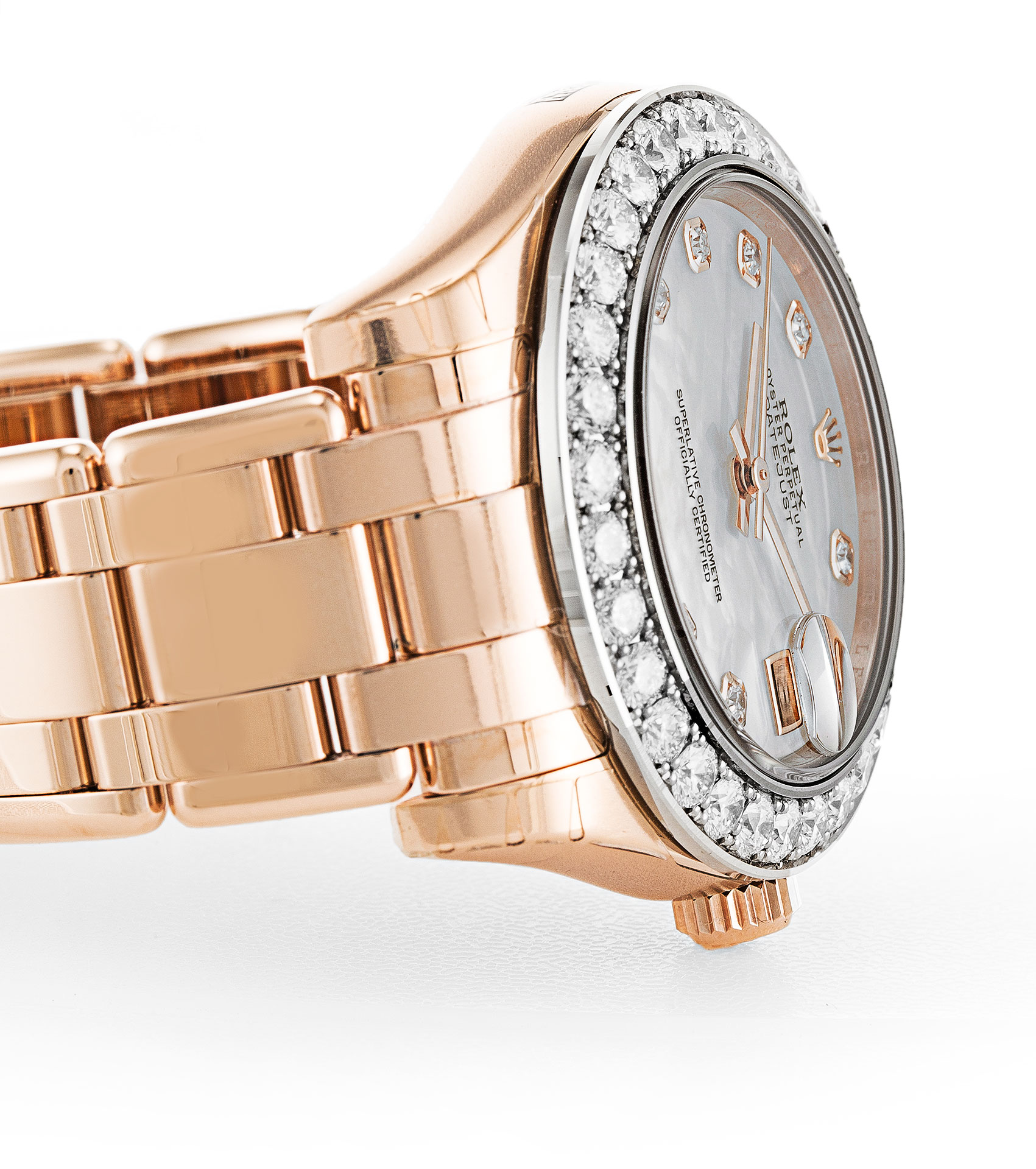 Rolex Pearlmaster 81285 Replica Watch Automatic Ladies 34mm Rose Gold Diamond Set Mother of Pearl