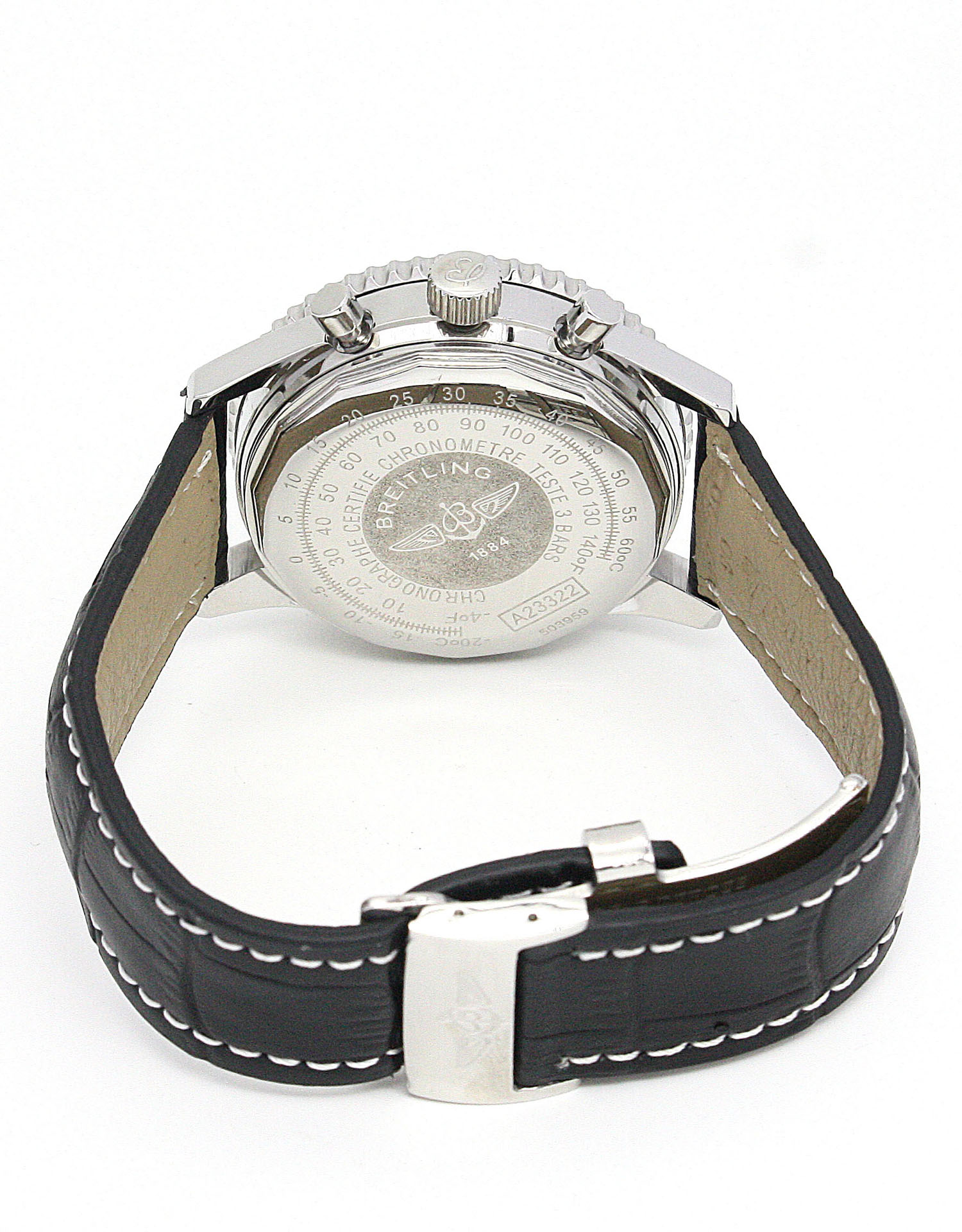 Breitling Navitimer A23322 Mens Quartz Watch, 41.8mm Steel Case, White Dial, Black Leather Band