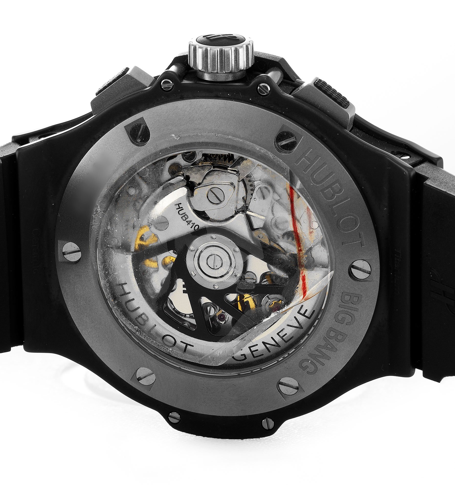 Hublot 44mm 301.CI.1770.RX Mens Quartz Watch, Ceramic Case, Black Carbon Dial, Rubber Bracelet