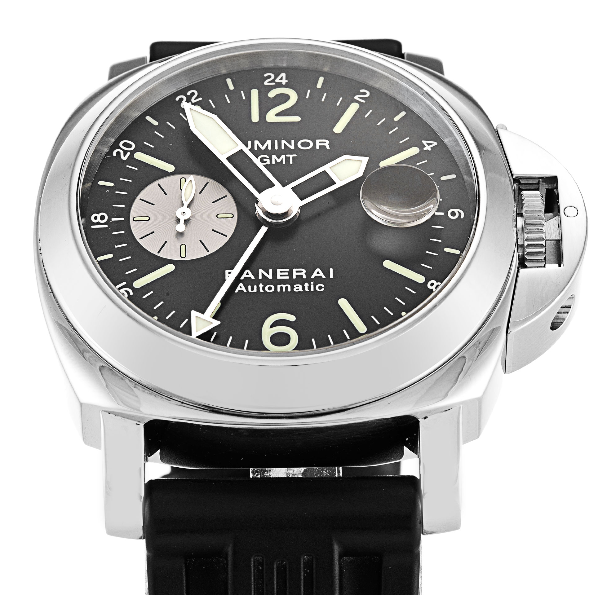 Panerai Luminor GMT PAM00088 Mens Watch Automatic Movement Silver Dial Steel Case Rubber Strap