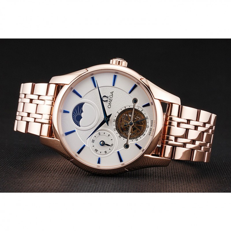 Omega De Ville Moonphase Tourbillon White Replica Watch, Automatic Movement, 18K Rose-Gold Case