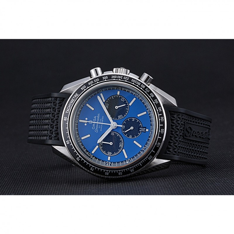 Omega Speedmaster 622043 Replica Watch, Japanese Miyota Quartz, Blue Dial, Black Rubber Strap