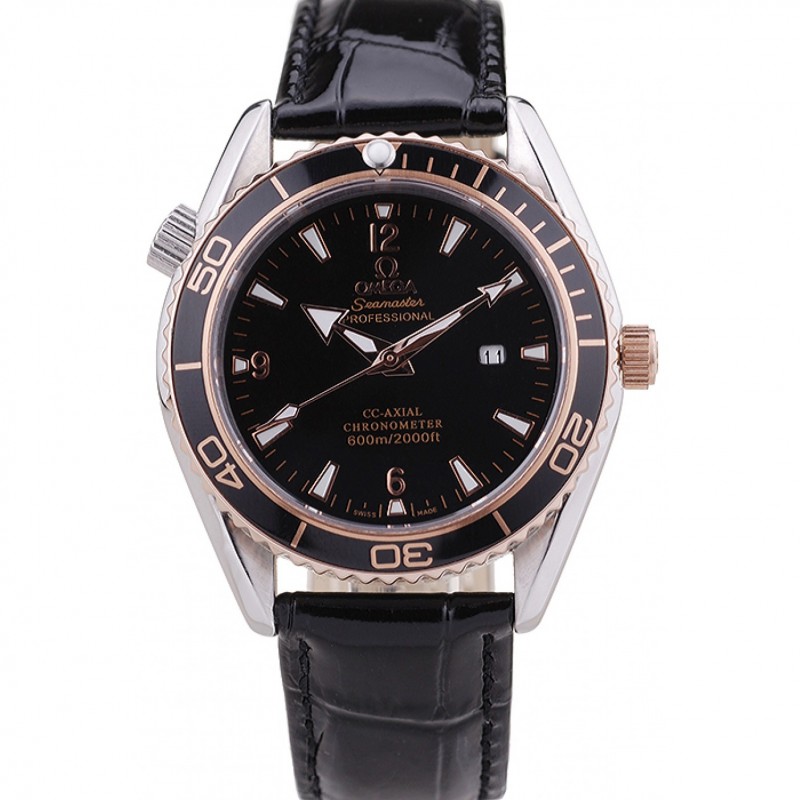Omega Seamaster Replica Watch, Japanese Quartz, Black Dial, Polished Steel Case, Model: OM173