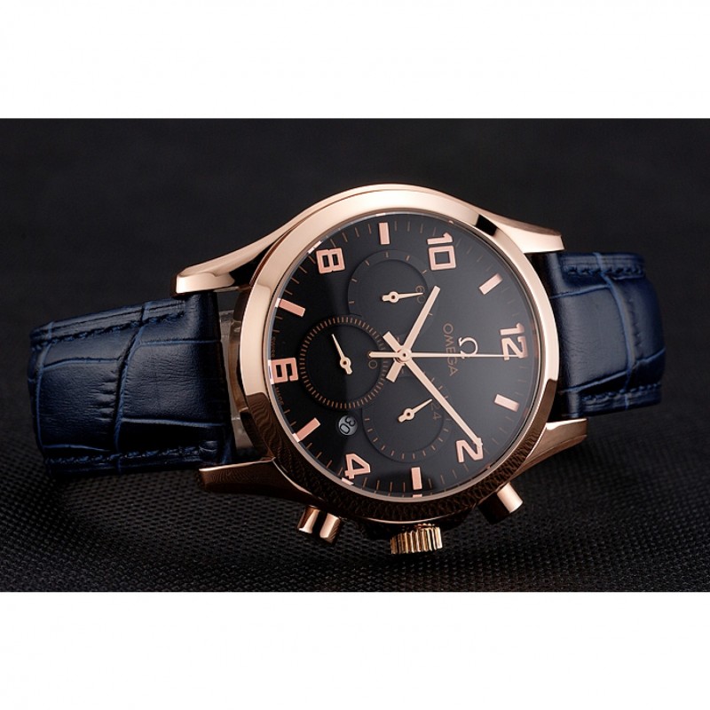 Omega Chronograph Replica Watch, Blue Dial, 18k Rose-Gold Plated Case & Bracelet, Quartz Movement