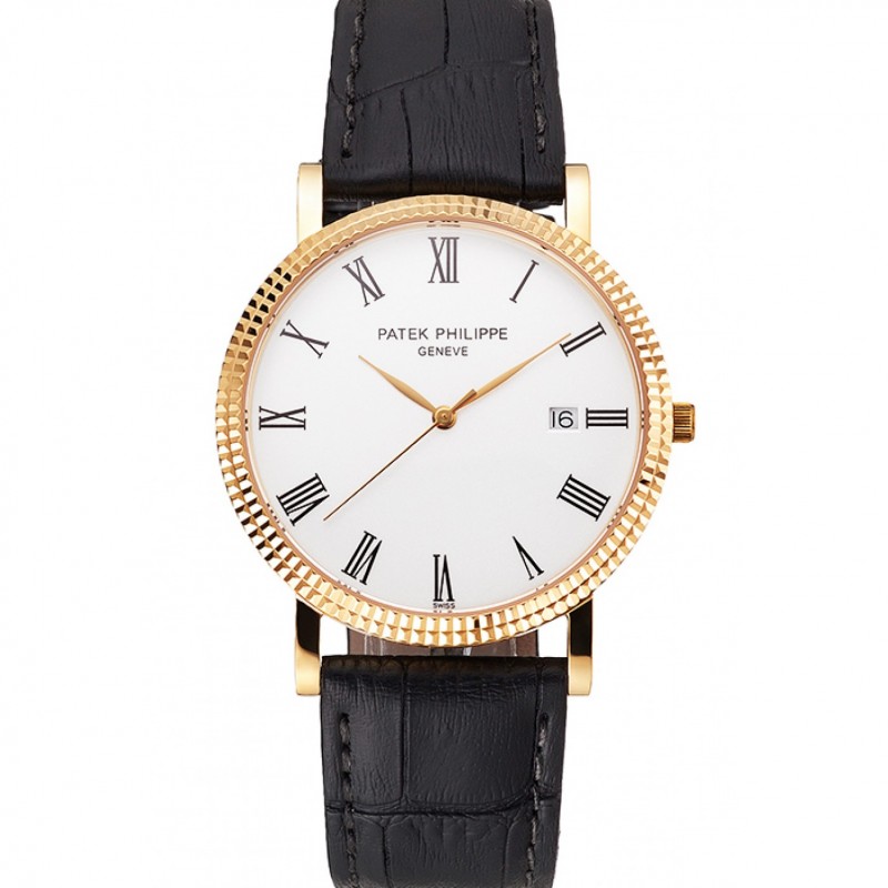 Patek Philippe Calatrava Replica Watch, Quartz, 18k Yellow Gold, Sapphire Crystal, White Dial, Men