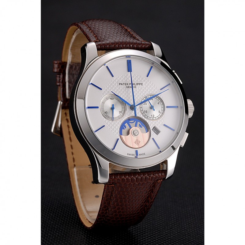 Patek Philippe Chronograph White - Quartz - Japanese - Polished Stainless Steel - Brown Leather
