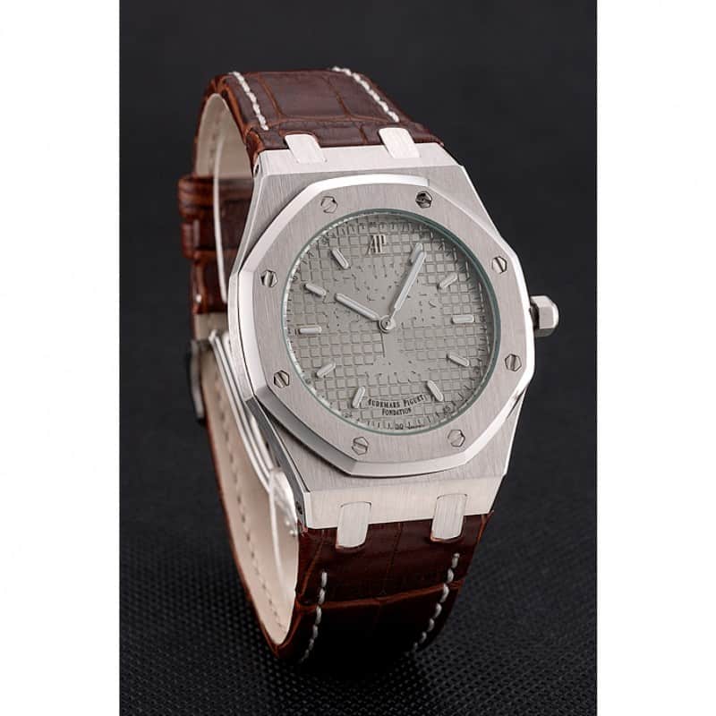 Audemars Piguet Royal Oak Replica Watch, Quartz Movement, Brushed Steel Case, Brown Leather Strap