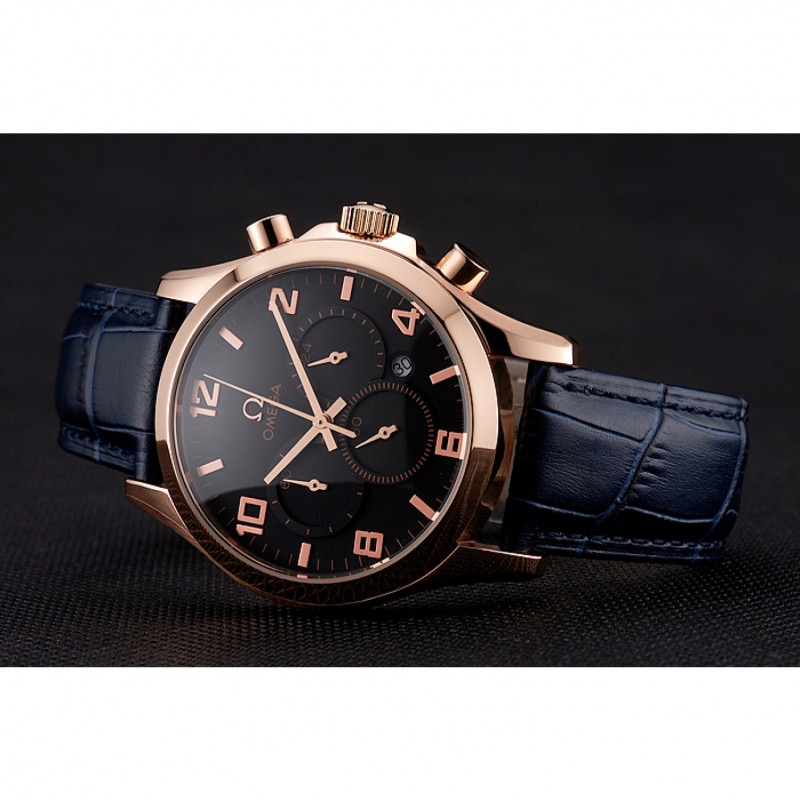 Omega Chronograph Replica Watch, Blue Dial, 18k Rose-Gold Plated Case & Bracelet, Quartz Movement