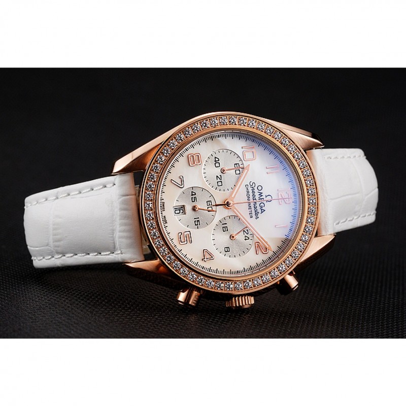 Omega Speedmaster - Quartz - White Dial - Women's Watch - 18k Rose-Gold Plated - Chronograph