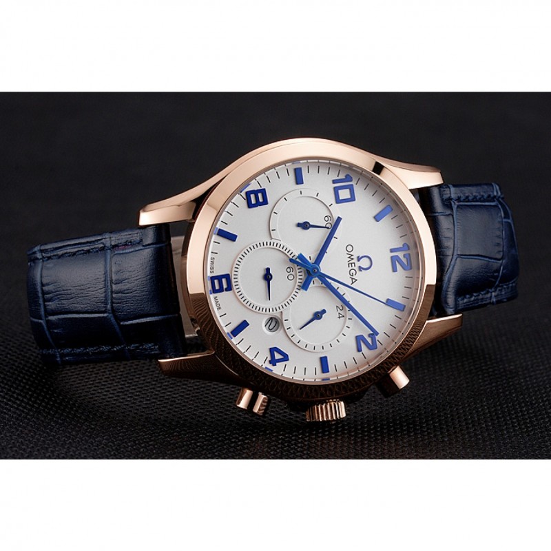 Omega Chronograph 48x39mm | Quartz Battery | 18k Rose-Gold Plated | Blue Crocodile Leather Strap