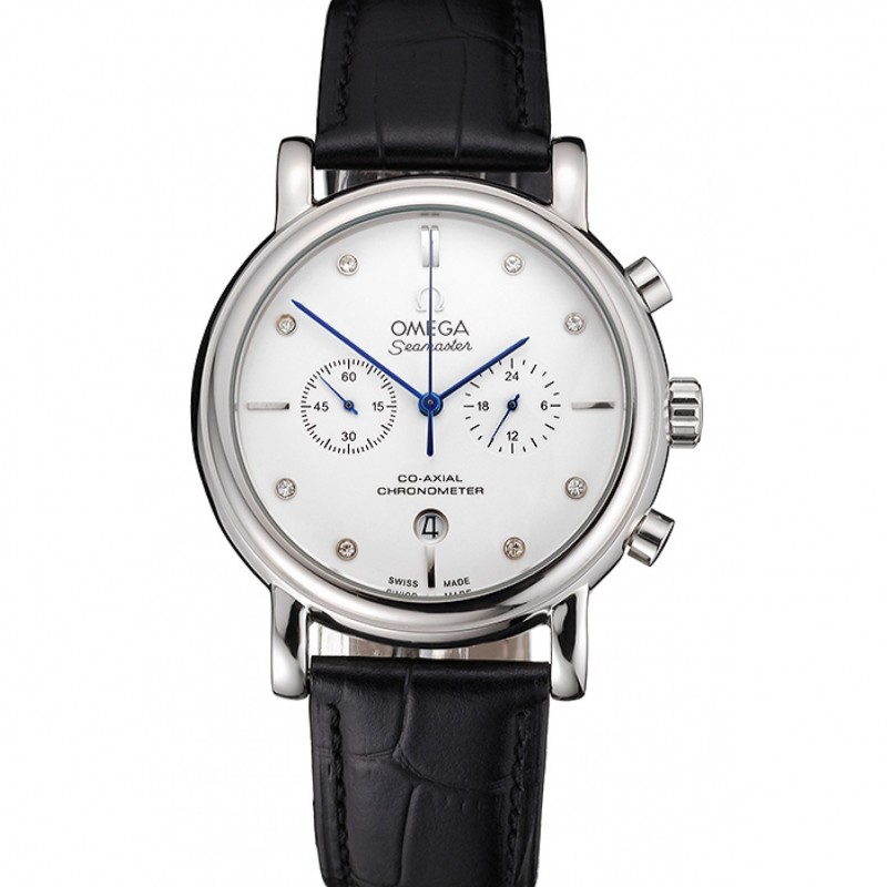 Omega Seamaster Replica Watch, Quartz Movement, Polished Stainless Steel, Black Leather Strap
