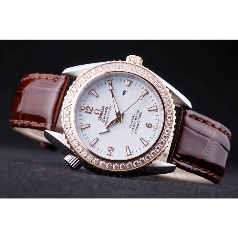 Omega Seamaster OM170 Replica Watch, Quartz, White Dial, Polished Steel Case, 18k Rose-Gold Bezel