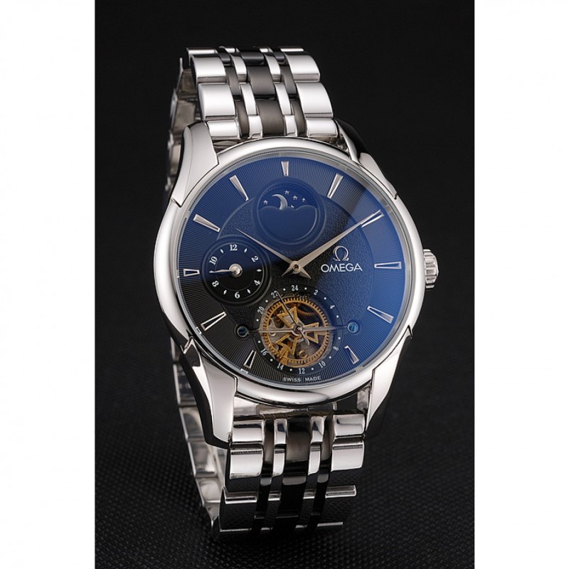 Omega De Ville Moonphase Tourbillon Black Replica Watch, Automatic, Japanese, Polished Steel Case