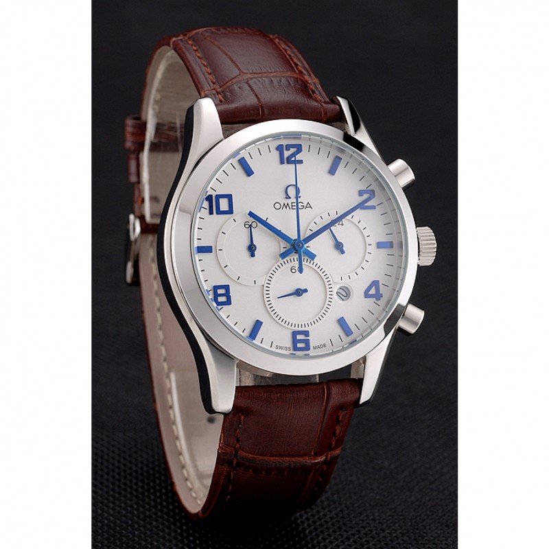 Omega Chronograph - Quartz Battery - Japanese Quality - Polished Stainless Steel - Brown Leather