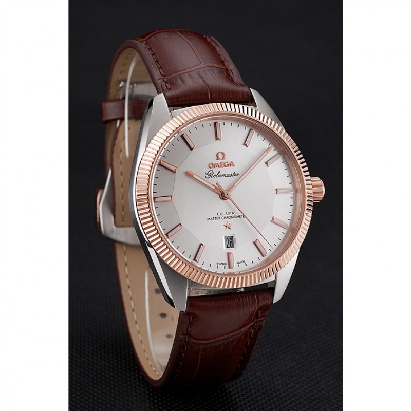 Omega Globemaster Replica Watch, Automatic Kinetic, 18k Rose-Gold Bezel, Brown Leather Strap, Model