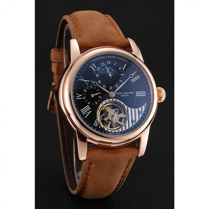 Patek Philippe Grand Complications Replica Watch, Automatic Movement, Black Dial, Leather Band