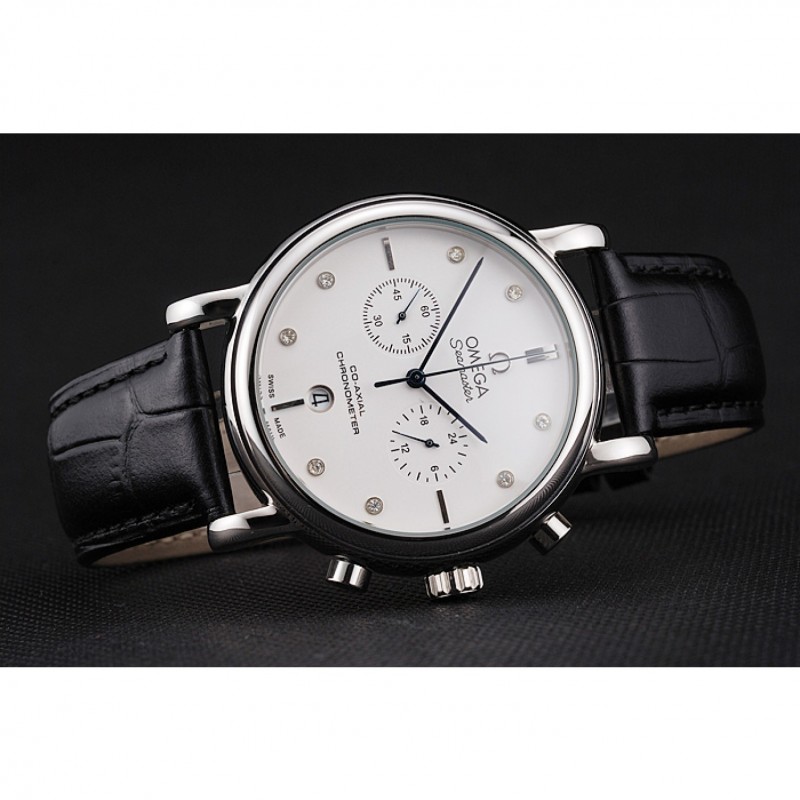 Omega Seamaster Replica Watch, Quartz Movement, Polished Stainless Steel, Black Leather Strap