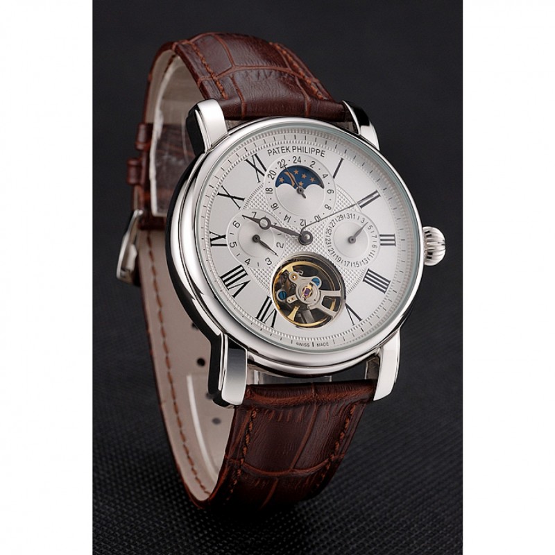 Patek Philippe Grand Complications Replica, Automatic Movement, White Dial, 50x42mm, Brown Leather