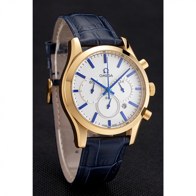 Omega Chronograph -石英 电池 - 18k 黄金电镀 - 白色表盘 - 男士 - 复制手表 Watch